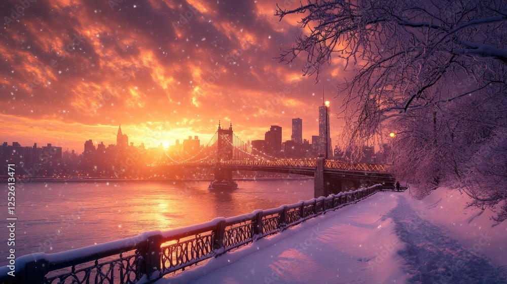 Poster the warmth of a sunset contrasts with the coolness of snow as it settles over a city bridge and skyl