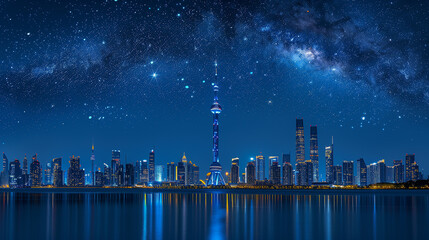 Futuristic City Skyline Under a Starry Night Sky..