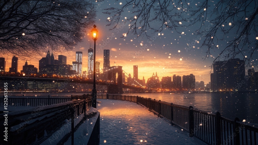 Poster the warmth of a sunset contrasts with the coolness of snow as it settles over a city bridge and skyl
