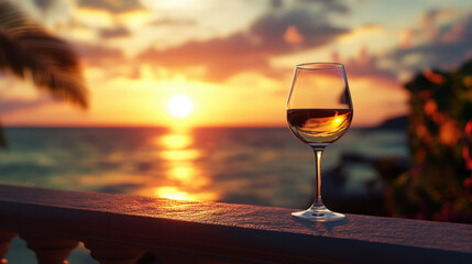 A glass of wine on the balcony overlooking an ocean view at sunset