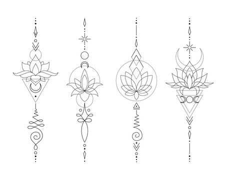 Set of Mystic Lotus Sacred Geometry Unalome Boho Tattoo Design Collection. Vector isolated buddhist line hand drawn symbol