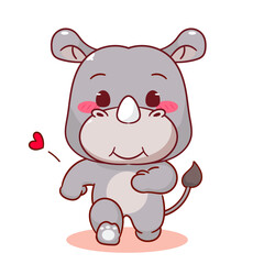 Cute Rhino running cartoon character. Kawaii animal concept design. Vector art illustration.