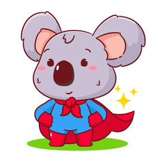Cute hero koala with superhero costume cartoon character. Kawaii animal concept design. Vector art illustration.