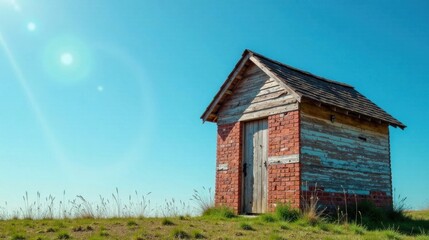 Rustic brick and wood structure on a grassy hill under a bright summer sky