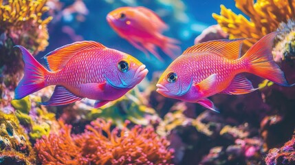 Obraz premium Three vibrant pink fish swimming through a colorful coral reef, creating a lively and vibrant underwater ecosystem full of movement and color