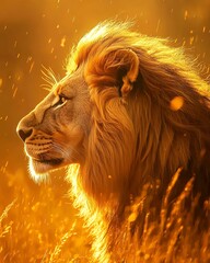 Majestic lion basking in golden sunlight.