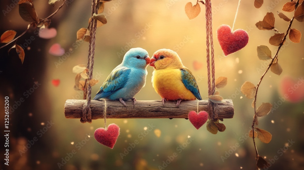 Poster two colorful birds perched on a swing, with hearts and leafy vines surrounding them, creating a roma