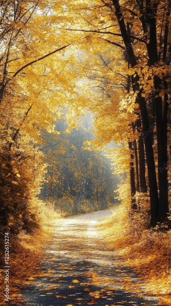 Poster autumn forest road winding through a canopy of golden yellow leaves sunlight streams through the bra