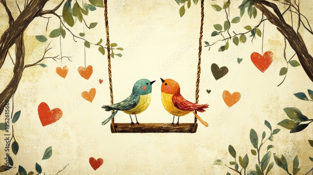 Poster two colorful birds perched on a swing, with hearts and leafy vines surrounding them, creating a roma
