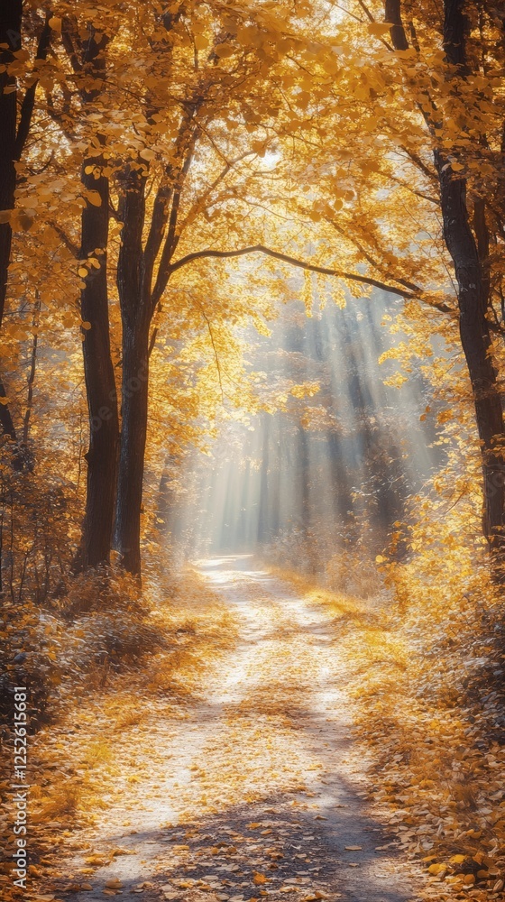 Poster autumn forest road winding through a canopy of golden yellow leaves sunlight streams through the bra