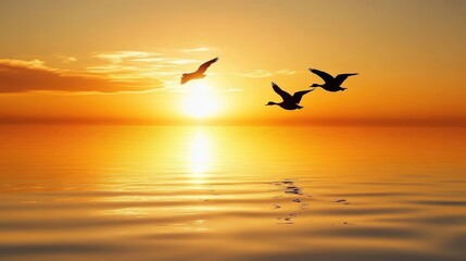 Obraz premium Two geese flying over still waters at sunrise, with the warm golden glow of the early morning sun reflecting off the water, evoking peace and beauty