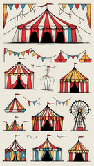 Fototapeta premium Whimsical hand-drawn illustration set of various circus tents, festive flags, and a Ferris wheel, evoking a carnival atmosphere.