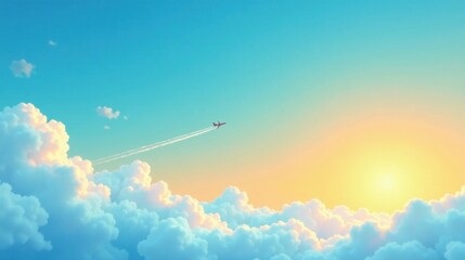 Serene Sunset Flight Above a Sea of Clouds An Airplane Soars Through a Dreamlike Sky at Golden Hour
