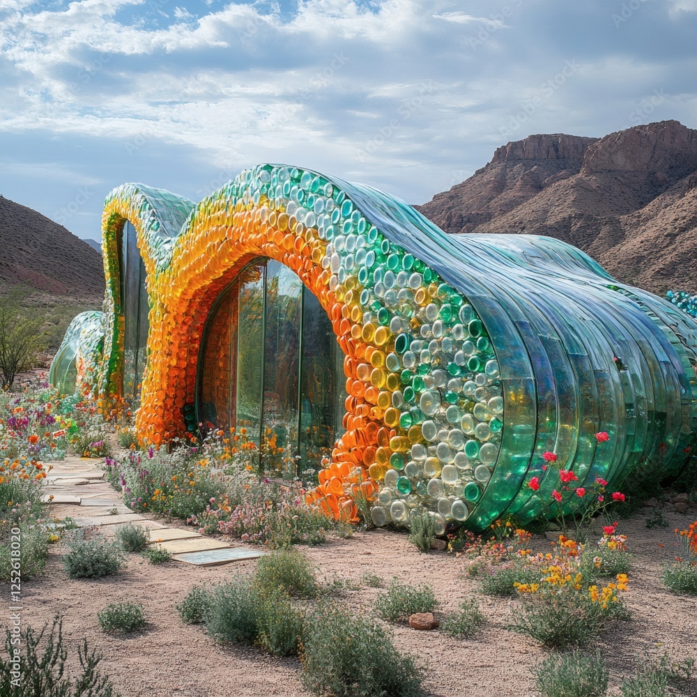 Poster ecofriendly house built entirely from various sizes of plastic bottles with clear bottles forming in