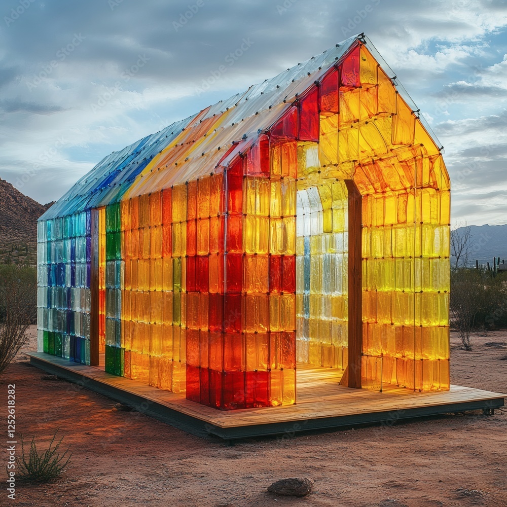 Aufkleber ecofriendly house built entirely from various sizes of plastic bottles with clear bottles forming in