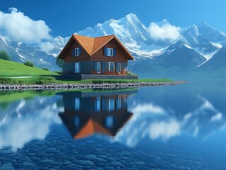 Fototapeta premium Mountain lake house reflection.