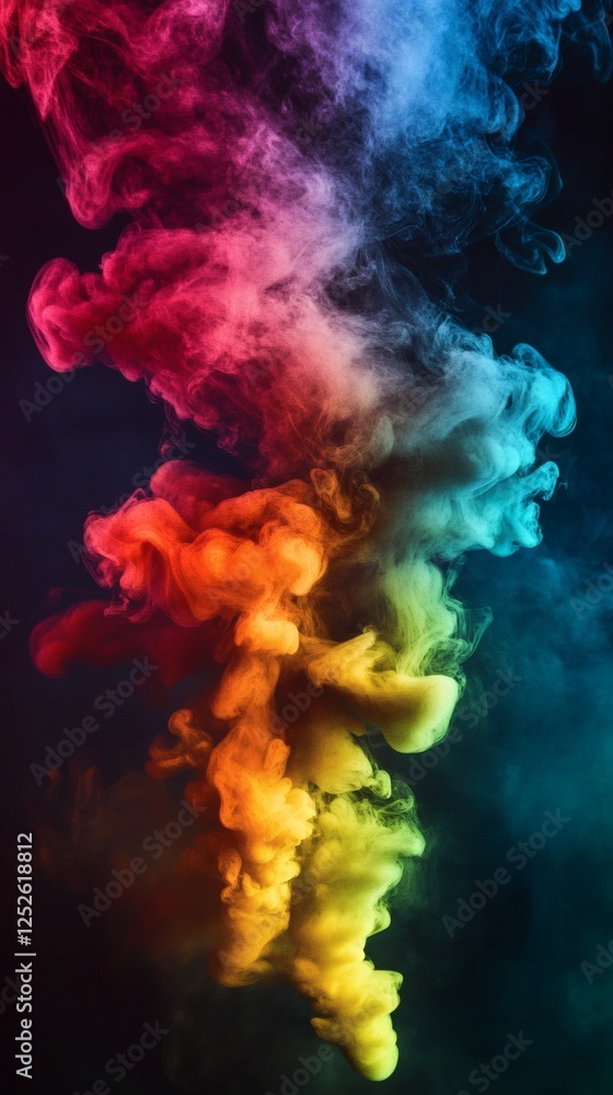 Poster energetic abstract composition with ten different colored dust smoke particles forming dynamic patte