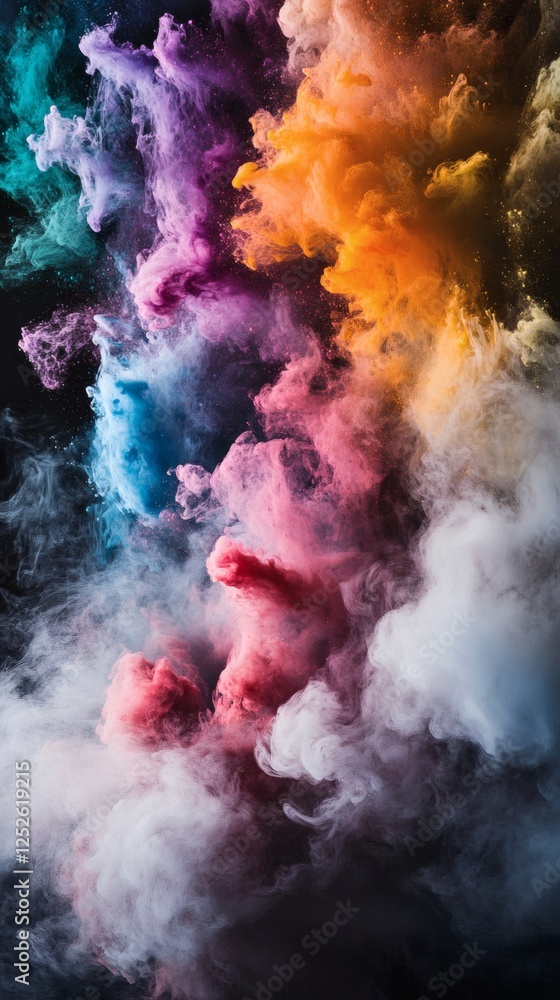 Poster energetic abstract composition with ten different colored dust smoke particles forming dynamic patte