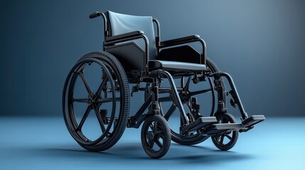 Fototapeta premium A sleek black wheelchair positioned on a smooth surface with a soft blue gradient background