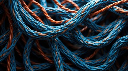 Intricate Web of Braided Cords, a Textured Tapestry of Blue and Orange Strands, Showing a Complex Intertwining Pattern