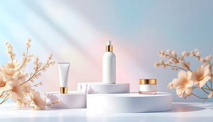 Elegant Skincare Products Displayed on White Platforms with Dried Flowers