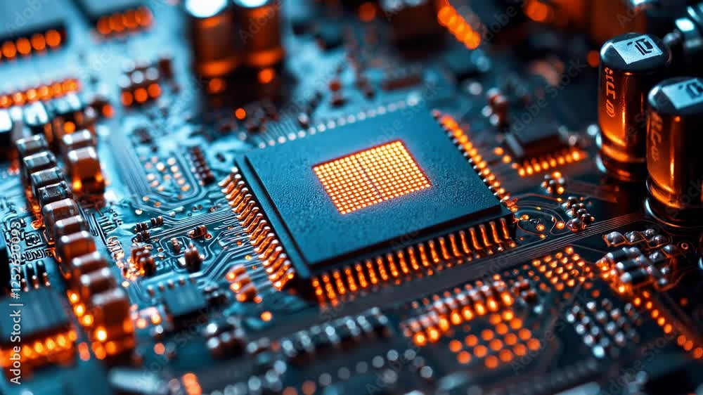 Poster exploring the intricate details of a glowing microchip on a circuit board