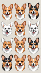 A collection of cute dogs of various colors and patterns. They are drawn in an illustration style, featuring the dogs' adorable faces.