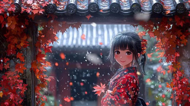 On a serene autumn day, a cheerful anime girl with a bright smile stands amid red maple leaves. She enjoys the peaceful atmosphere of her traditional surroundings, capturing the essence of fall.