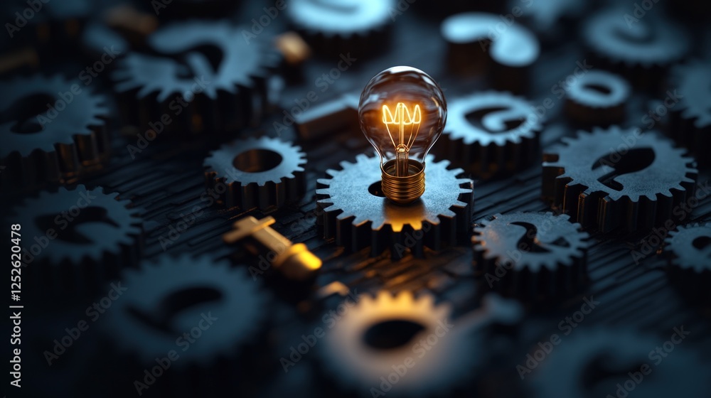 Poster glowing idea in gears, question marks background, problem solving concept