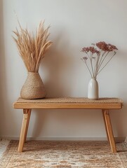 Earthy elegance, Dried floral arrangements displayed on rustic wooden bench against a neutral backdrop