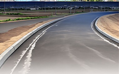 Newly paved road curving through suburban landscape.