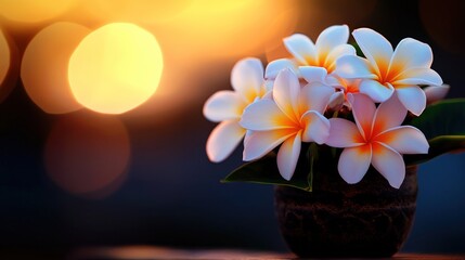 Plumeria flowers sunset bokeh background, tropical spa