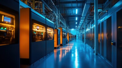 Fototapeta premium Factory corridor Industrial machines, nighttime operation, data center background, automation