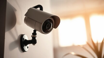 Security camera protecting modern home during sunset ensuring safety and surveillance