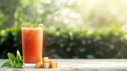 Refreshing summer juice outdoors, garden background