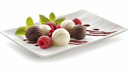 Chocolate truffles with raspberries and mint on a white plate