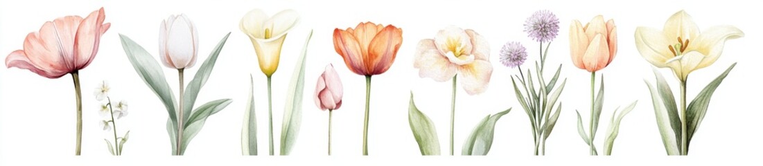 Pastel watercolor spring flowers, isolated on white background, floral design for cards