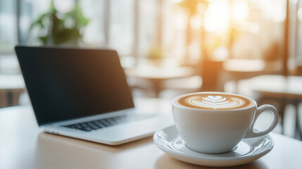 A cup of coffee on the table next to an open laptop, with sunlight streaming through large windows in the blurred background