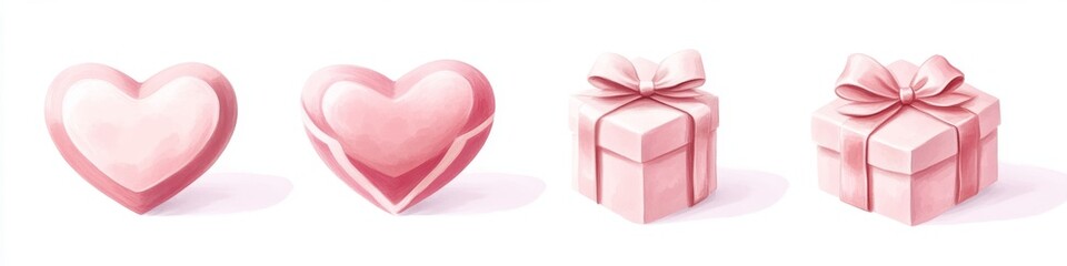 Pink hearts, gifts, white background, website design
