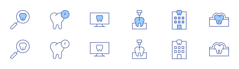 Dental icon set in two styles, Duotone and Thin Line style. Editable stroke. dental checkup, endodontist, dental, dentistry, enamel