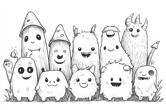 Whimsical gathering of assorted doodle monsters in black and white line art illustration