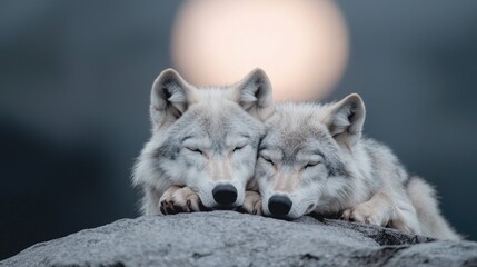 Obraz premium Arctic wolves cuddling on rock at sunset