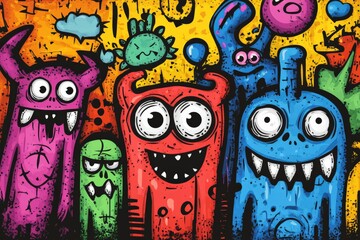 Obraz premium A Colorful Conga Line of Cartoon Monsters Celebrating Spooky Season with Joyful Expressions and a Playful Aesthetic