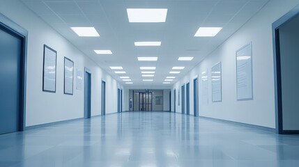 Fototapeta premium Monochromatic hospital corridor with doors and framed notices leading to a central gate area