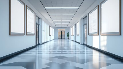 Obraz premium Contemporary Hallway with Gallery Displays and Geometric Floor Design for Modern Interior Spaces
