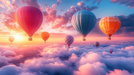 Naklejka premium Colorful hot air balloons floating in a carnival atmosphere high in the clouds at sunset
