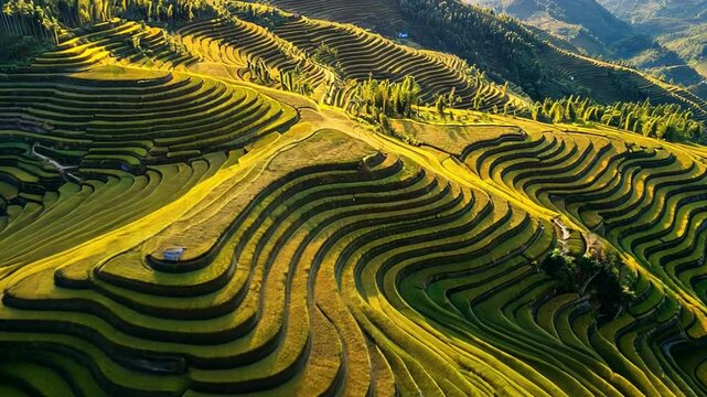 Aerial view of golden terraced rice fields in Sapa, Vietnam during harvest season, captured in stunning crane shot.