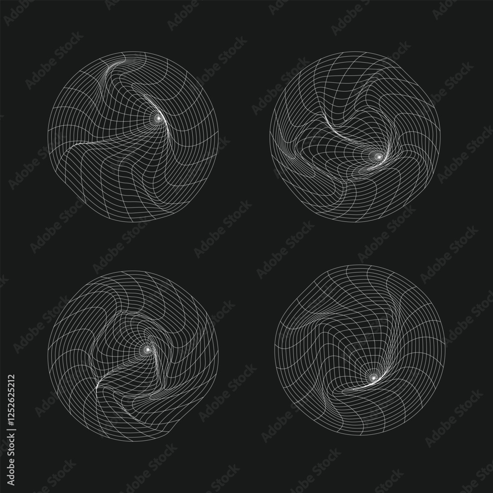 Poster set of wireframe geometric shapes. abstract distorted mesh grids. graphic design elements isolated o
