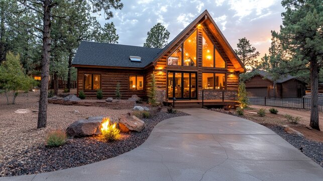 Modern log cabin sunset driveway landscape
