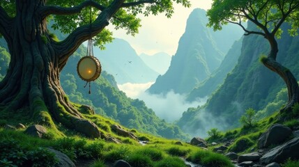 Serene Mountain Valley Landscape Featuring an Ancient Tree and a Hanging Drum